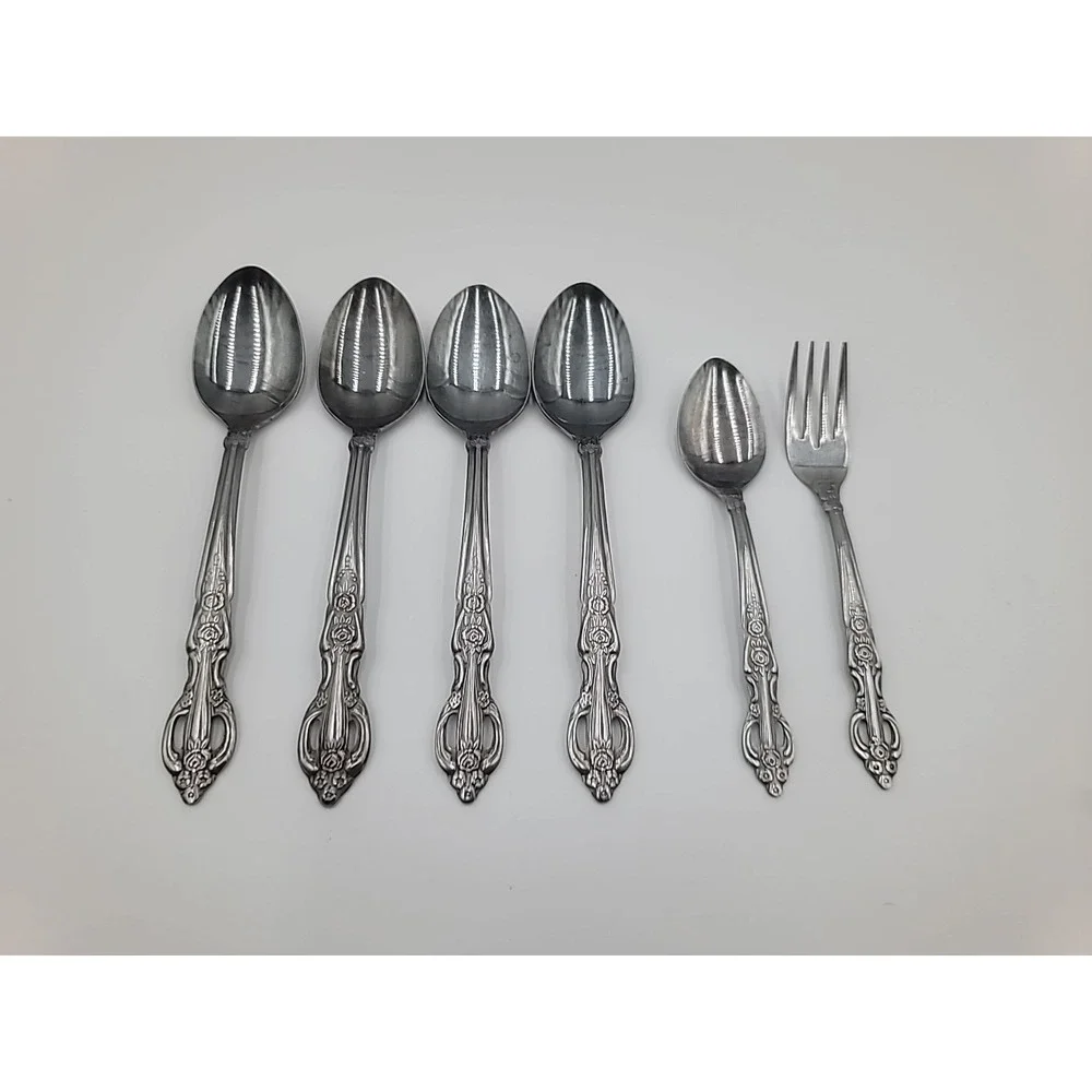 5pc MXF1 Maxam Silver Stainless Japan Silverware Flatware Black Accent Floral‎